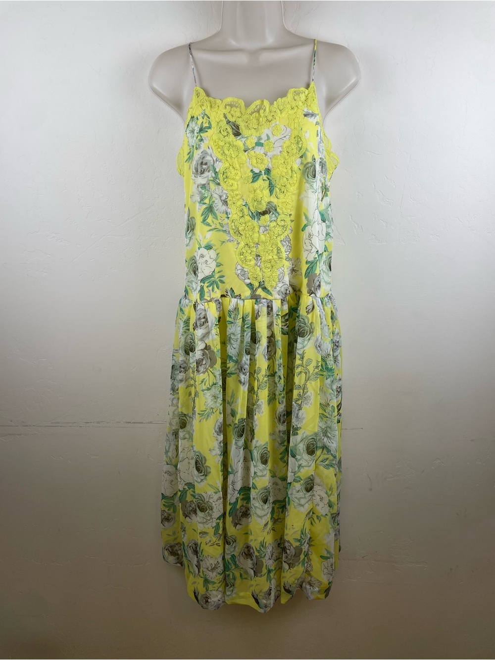 ASOS Yellow Floral Lace-Trim Midi Dress